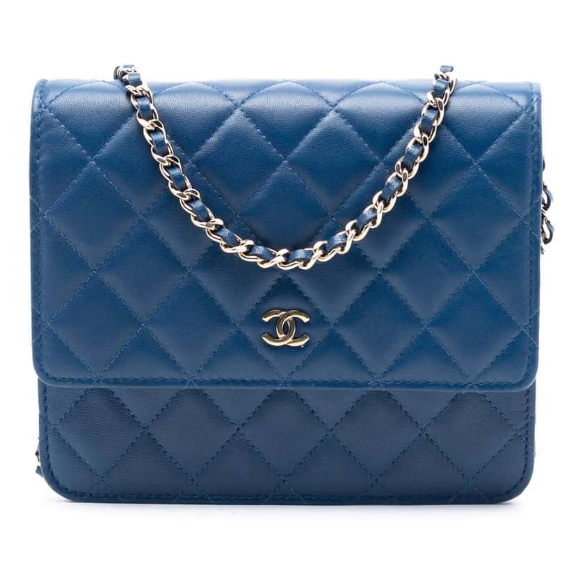Chanel CC Square Quilted Lambskin Wallet on Chain Blue Leather Good condition - Front View