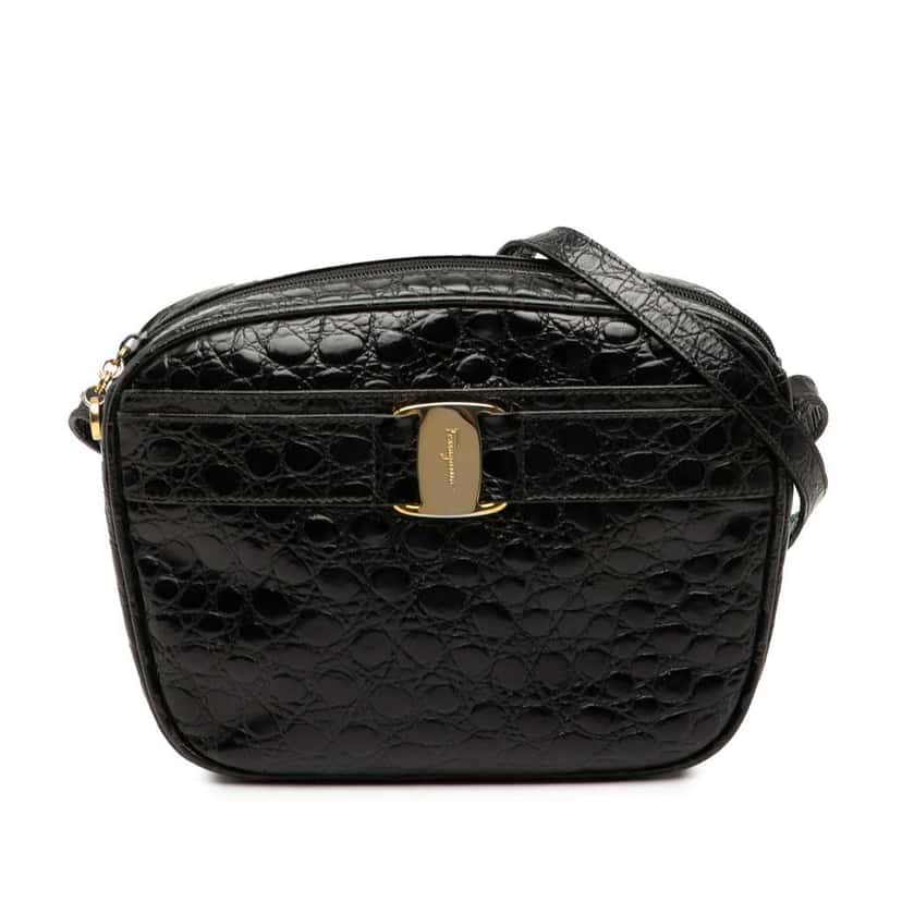 Salvatore Ferragamo Croc Embossed Leather Vara Crossbody Black Leather Good condition - Front View