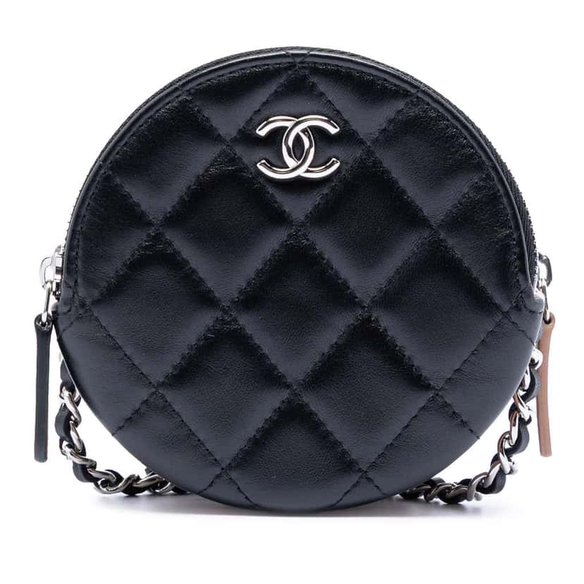 Chanel CC Quilted Lambskin Triple Zip Round Clutch With Chain Black Leather Good condition - Front View