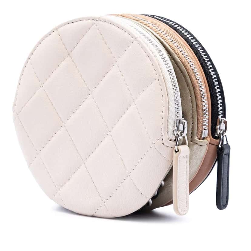 Chanel CC Quilted Lambskin Triple Zip Round Clutch With Chain Black Leather Good condition - Back View