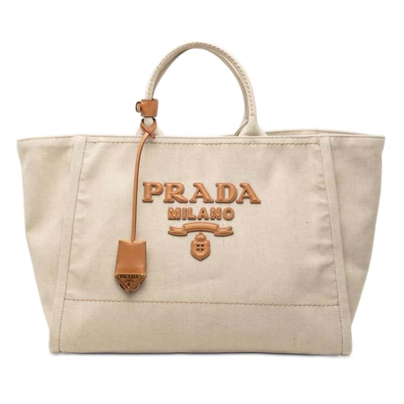 Prada Large Linen and Vitello Logo Tote Beige Good condition - Front View