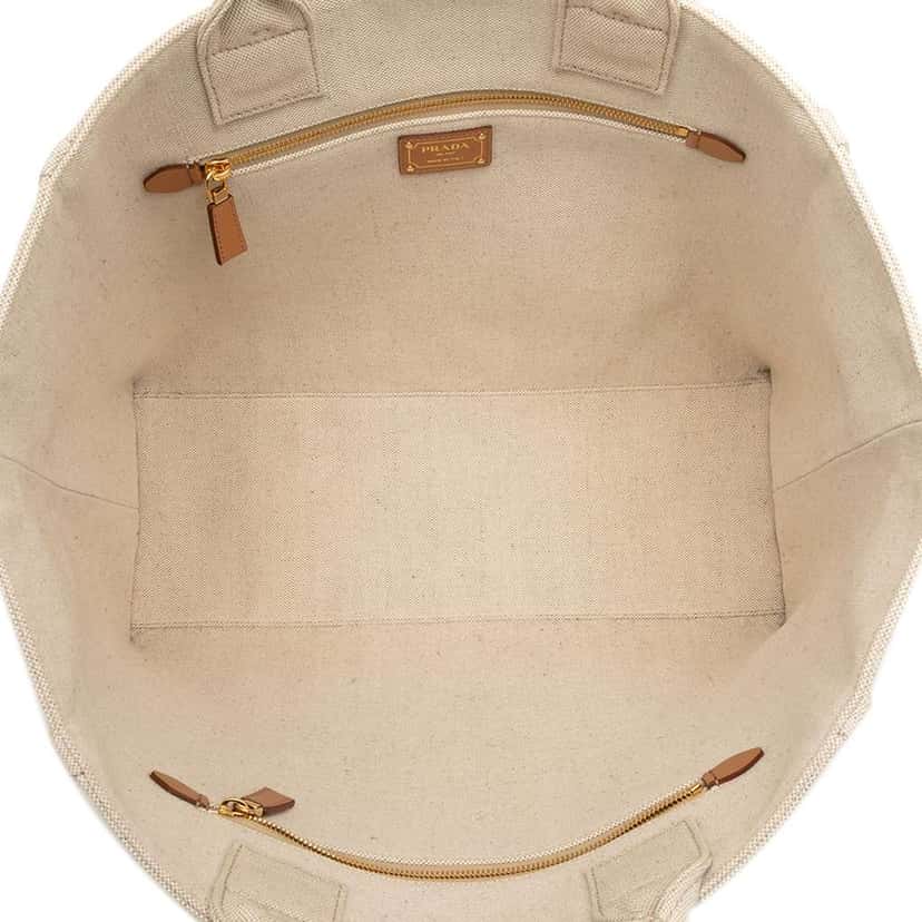 Prada Large Linen and Vitello Logo Tote Beige Good condition - Model View