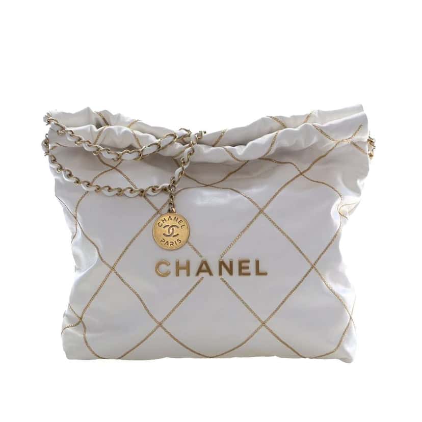 Chanel Small Quilted Shiny Calfskin Chain 22 Handbag White Leather Good condition - Front View