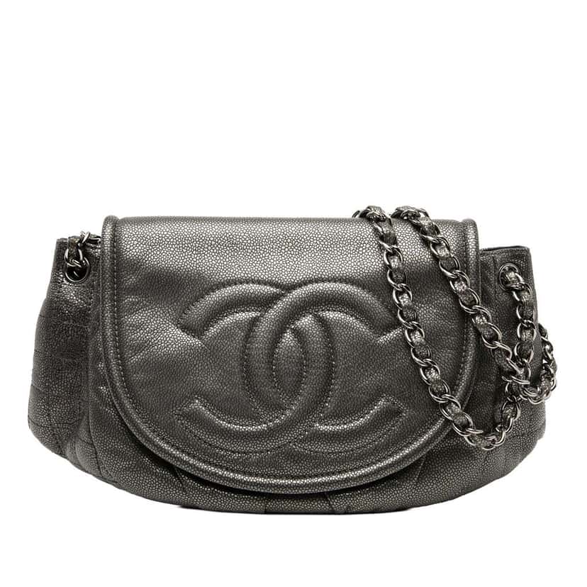 Chanel Large Metallic Caviar Half Moon Flap Grey Leather Good condition - Front View
