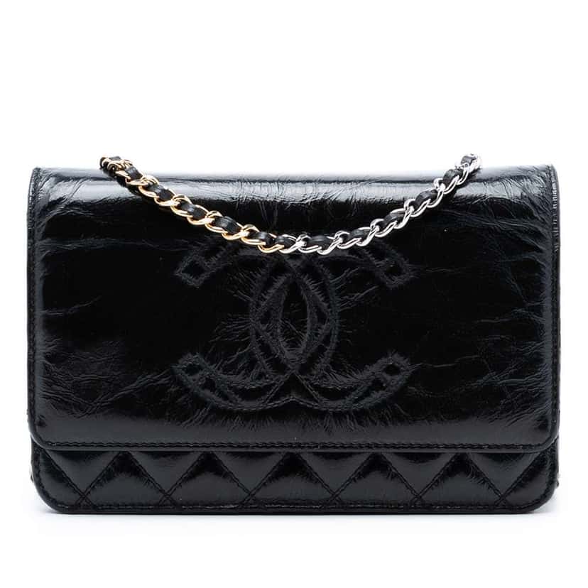 Chanel CC Quilted Shiny Aged Calfskin Wallet On Chain Black Leather Good condition - Front View