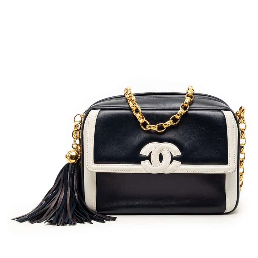 Chanel CC Lambskin Border Tassel Chain Camera Bag Blue Leather Good condition - Front View