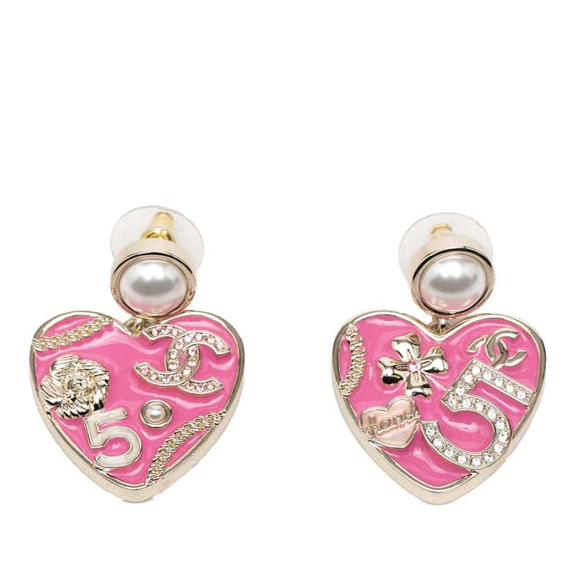 Chanel CC Gold Plated Enamel Faux Pearl Heart Drop Push Back Earrings Gold Metal Good condition - Front View