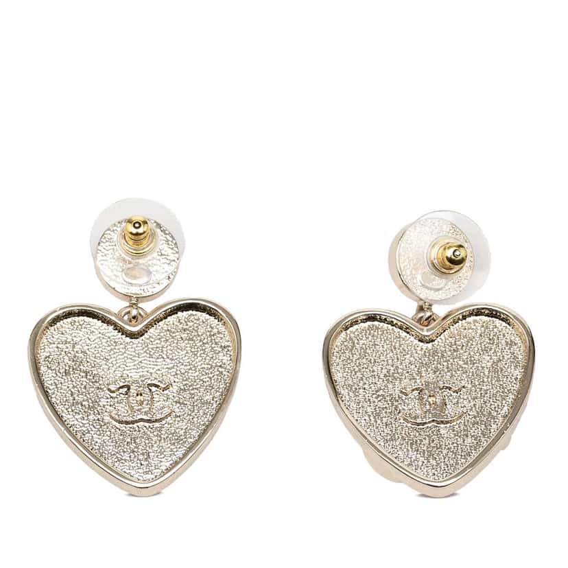 Chanel CC Gold Plated Enamel Faux Pearl Heart Drop Push Back Earrings Gold Metal Good condition - Back View