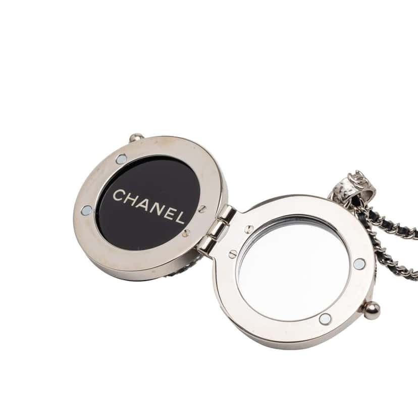 Chanel CC Silver Plated Lambskin Woven Resin Crystal Mirror Ball Pendant Necklace Silver Metal Good condition - Inside View