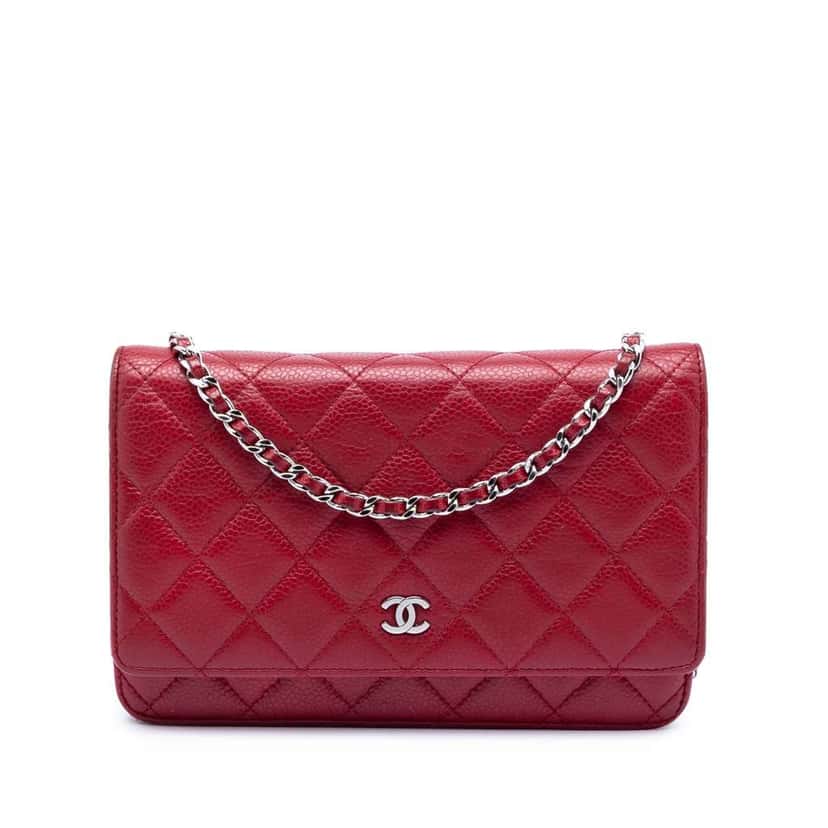 Chanel CC Quilted Caviar Wallet on Chain Red Leather Good condition - Front View