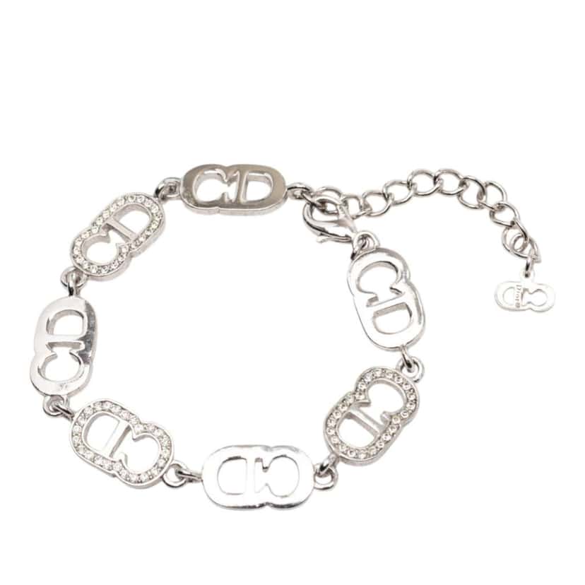 Dior Silver Plated Rhinestone CD Logo Link Bracelet Silver Metal Good condition - Back View