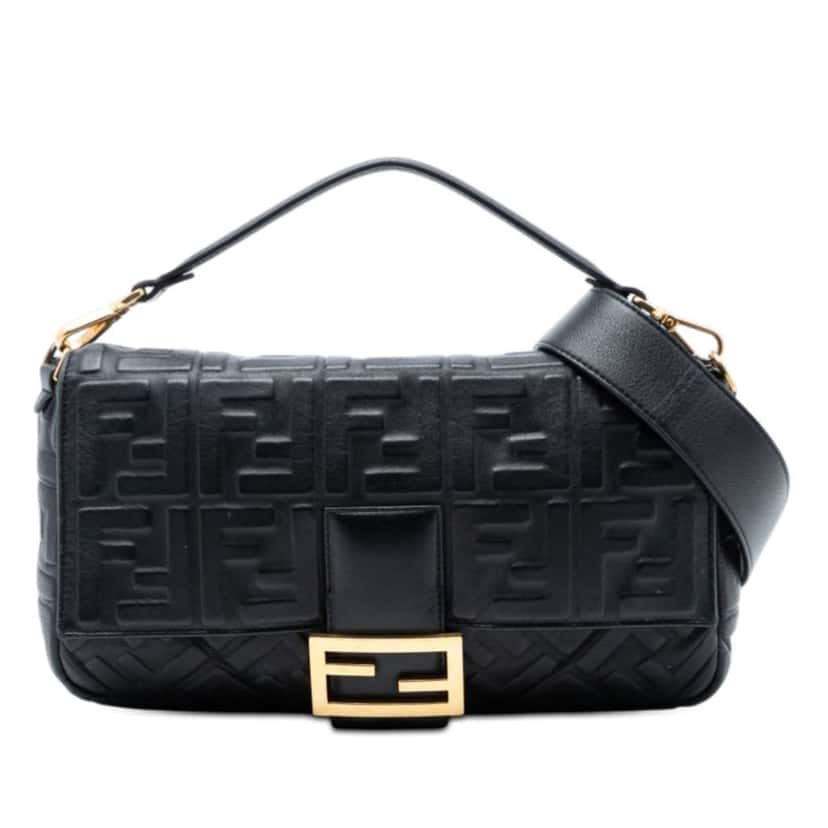 Fendi Large Zucca Embossed Leather Baguette Satchel Black Leather Good condition - Front View