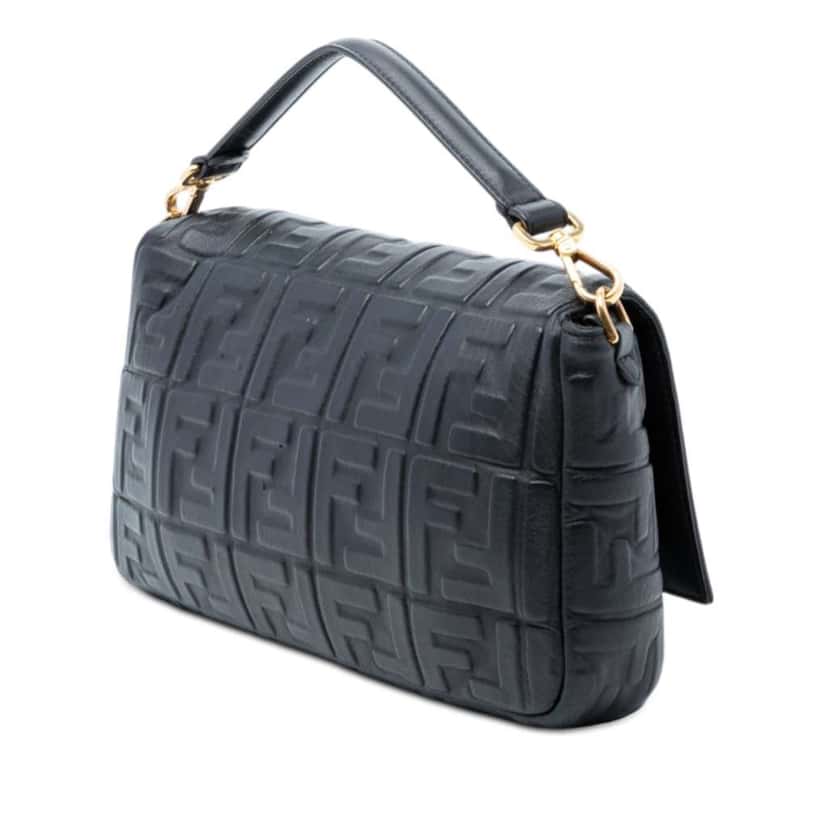 Fendi Large Zucca Embossed Leather Baguette Satchel Black Leather Good condition - Back View