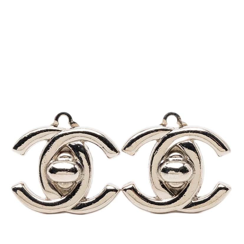 Chanel Silver Plated CC Turnlock Clip On Earrings Silver Metal Good condition - Front View