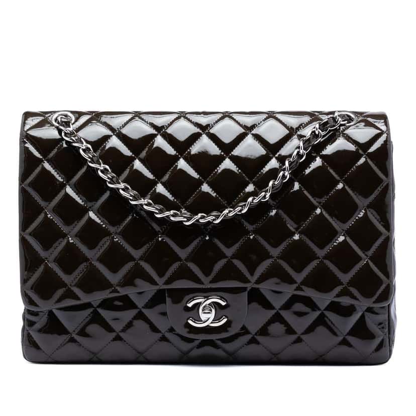 Chanel Maxi Classic Patent Double Flap Brown Leather Good condition - Front View