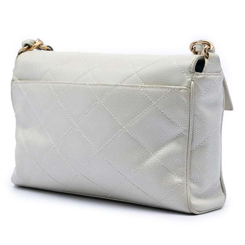 Chanel CC Diamond Quilted Caviar Shoulder Bag White Leather Good condition - Back View
