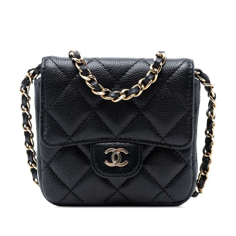 Chanel CC Quilted Caviar Flap Card Holder On Chain Black Leather Good condition - Front View