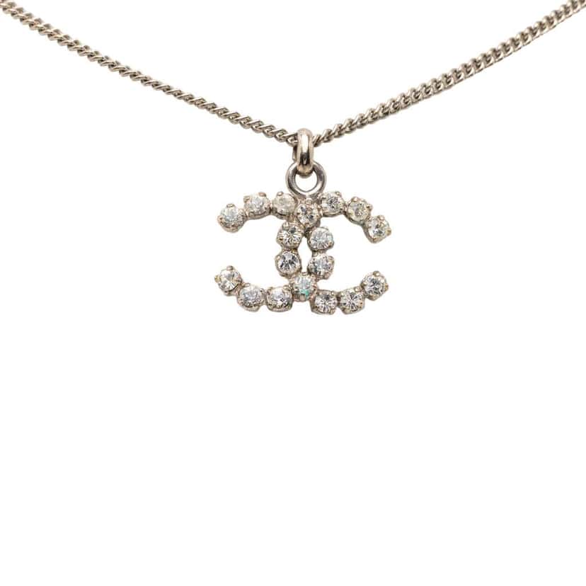 Chanel CC Silver Plated Rhinestones Pendant Necklace Silver Metal Very good condition - Front View