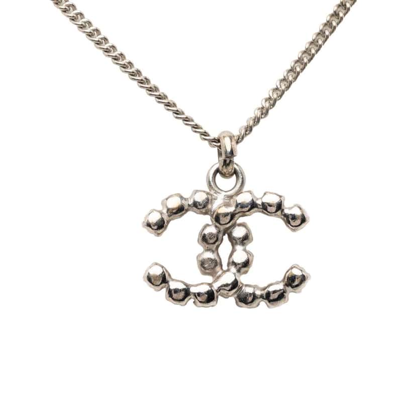 Chanel CC Silver Plated Rhinestones Pendant Necklace Silver Metal Very good condition - Back View