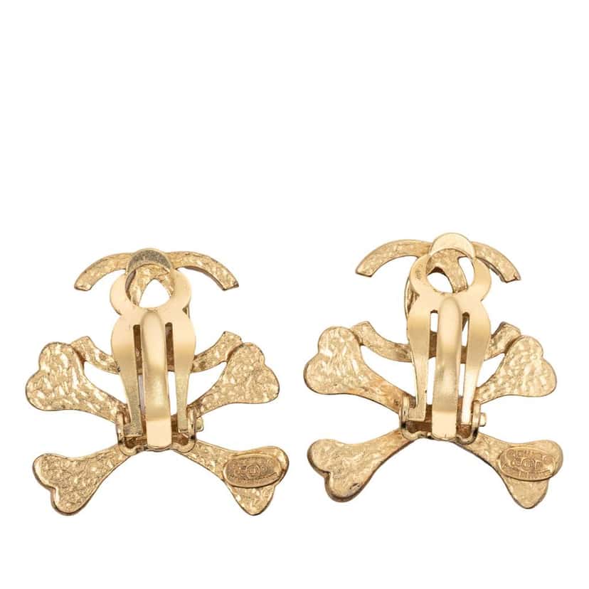 Chanel Gold Plated CC Lacquered Crossbones Clip On Earrings Gold Metal Very good condition - Back View
