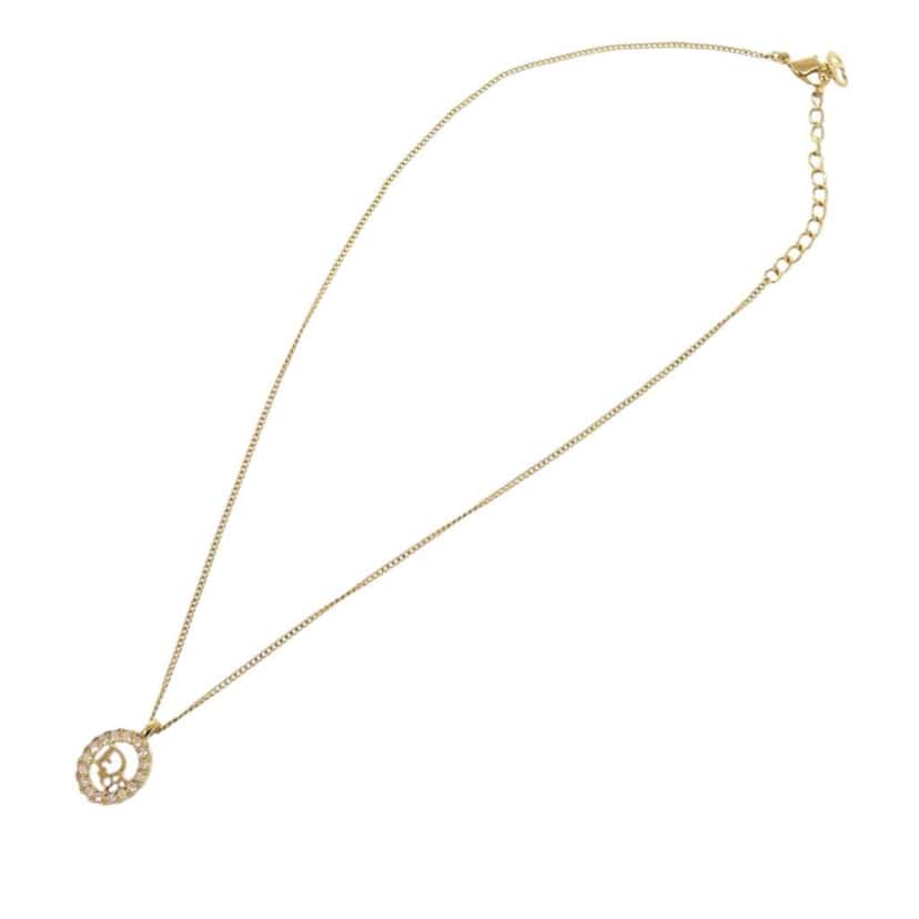 Dior Gold Plated Logo Rhinestones Pendant Necklace Gold Metal Very good condition - Front View