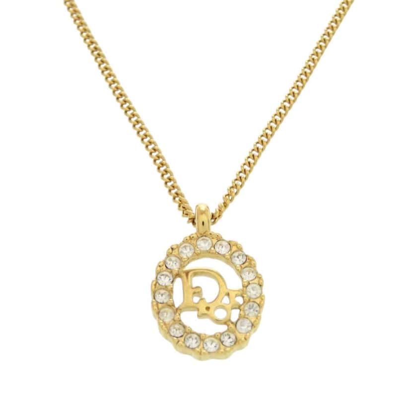 Dior Gold Plated Logo Rhinestones Pendant Necklace Gold Metal Very good condition - Back View