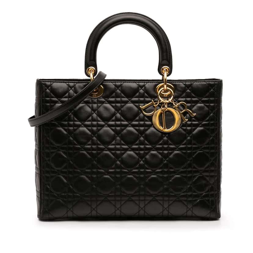 Dior Large Lambskin Cannage Lady Dior Black Leather Very good condition - Front View