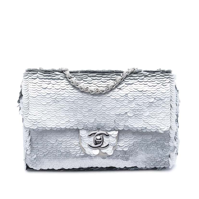 Chanel Small Paillettes Sequin Single Flap Silver Satin Good condition - Front View