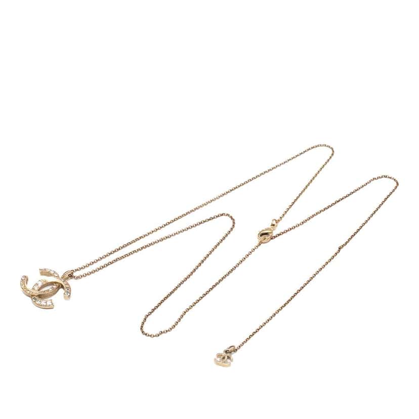 Chanel Gold Plated CC Crystal Pendant Necklace Gold Metal Very good condition - Front View