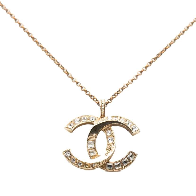 Chanel Gold Plated CC Crystal Pendant Necklace Gold Metal Very good condition - Back View