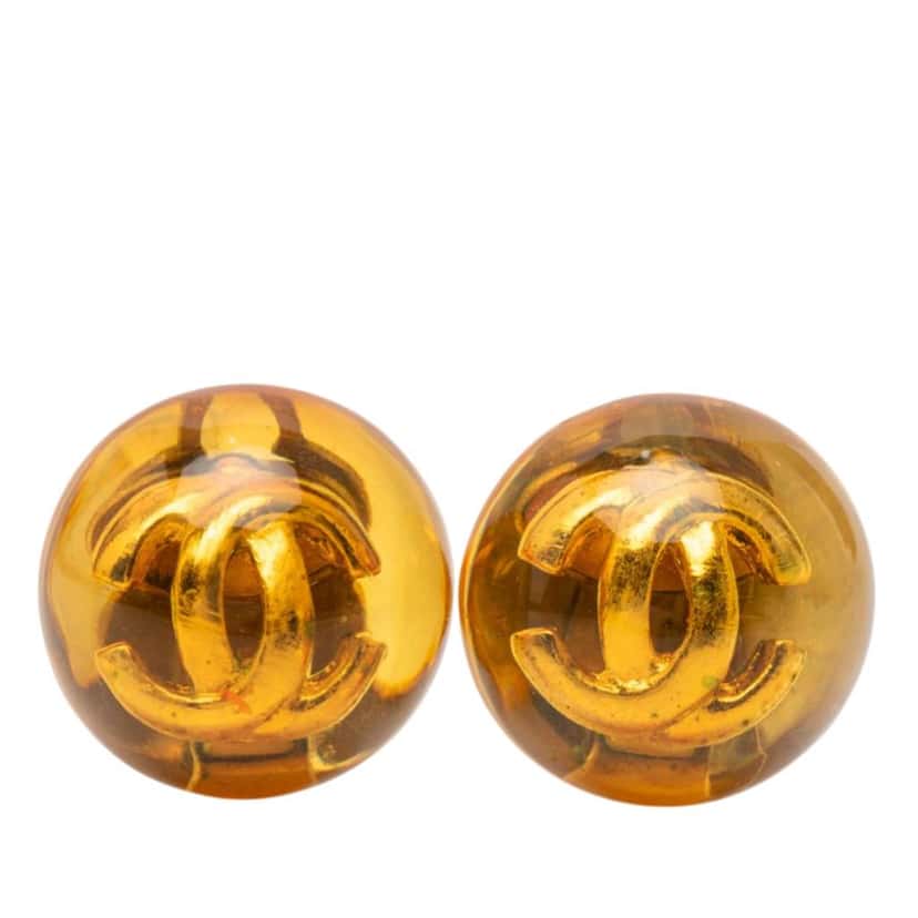 Chanel CC Gold Plated Resin Button Clip on Earrings Gold Metal Very good condition - Front View