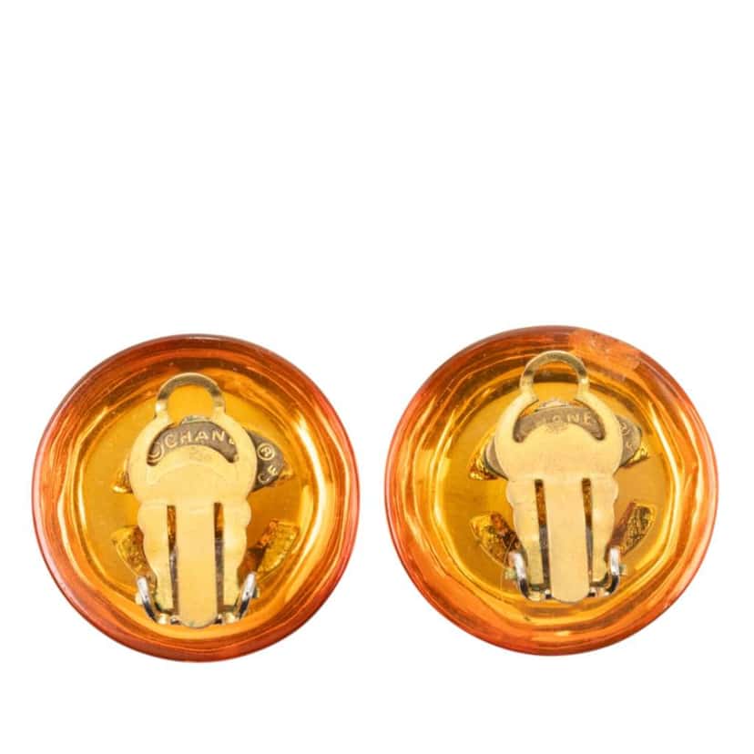 Chanel CC Gold Plated Resin Button Clip on Earrings Gold Metal Very good condition - Back View