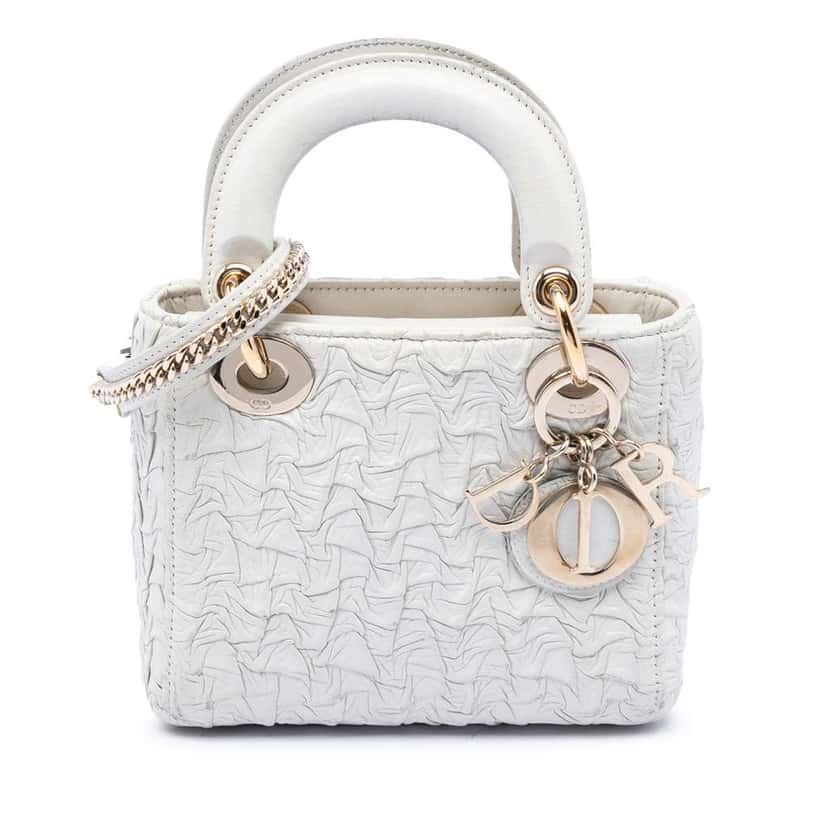 Dior Mini Wavy Crinkled Lambskin Lady Dior White Leather Very good condition - Front View