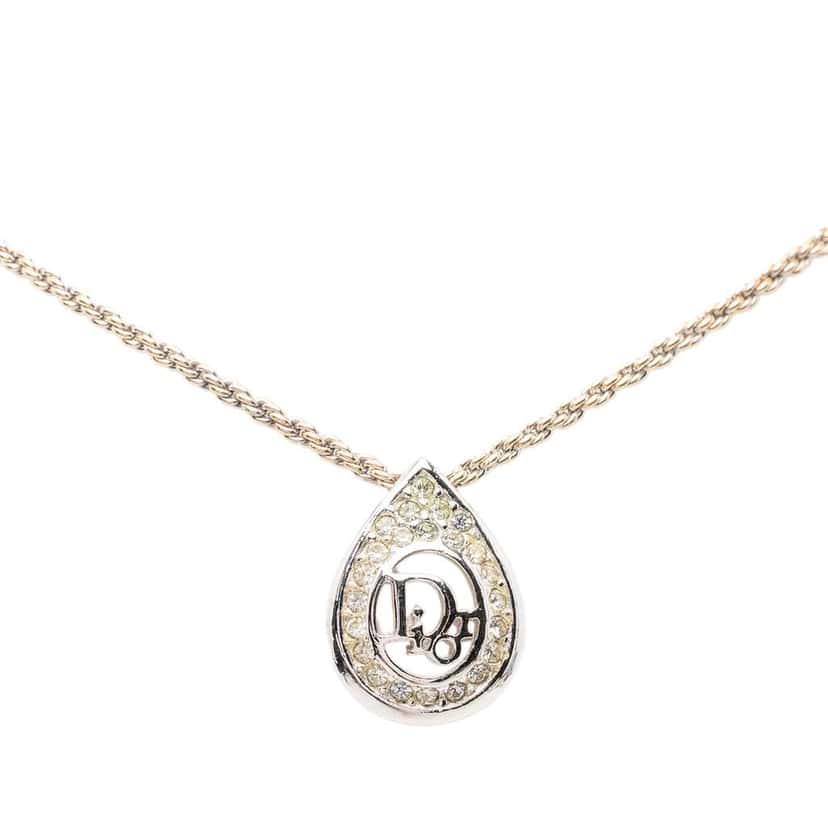 Dior Gold Plated Logo Tear Drop Rhinestones Pendant Necklace Gold Metal Very good condition - Back View