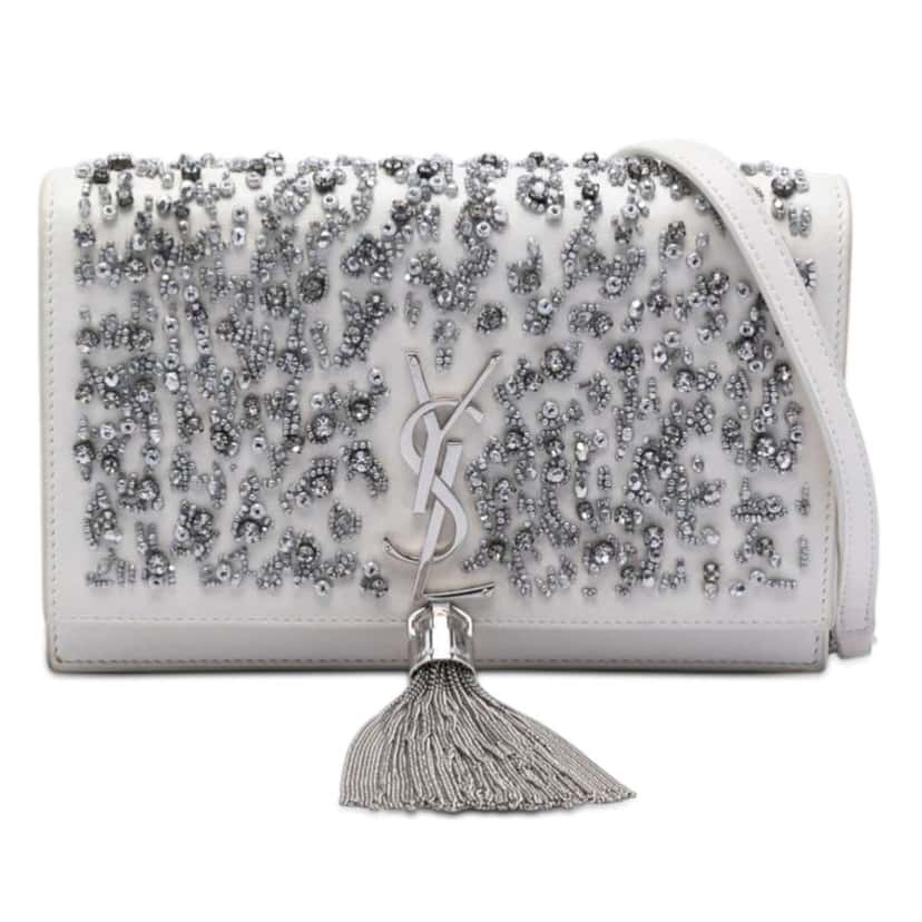 Saint Laurent Beaded Calfskin Monogram Kate Tassel Wallet on Chain White Leather Very good condition - Front View