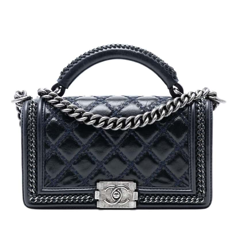 Chanel Old Medium Quilted Calfskin Whipstitch Chain Around Boy Top Handle Flap Blue Leather Very good condition - Front View