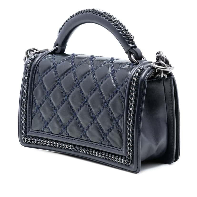 Chanel Old Medium Quilted Calfskin Whipstitch Chain Around Boy Top Handle Flap Blue Leather Very good condition - Back View