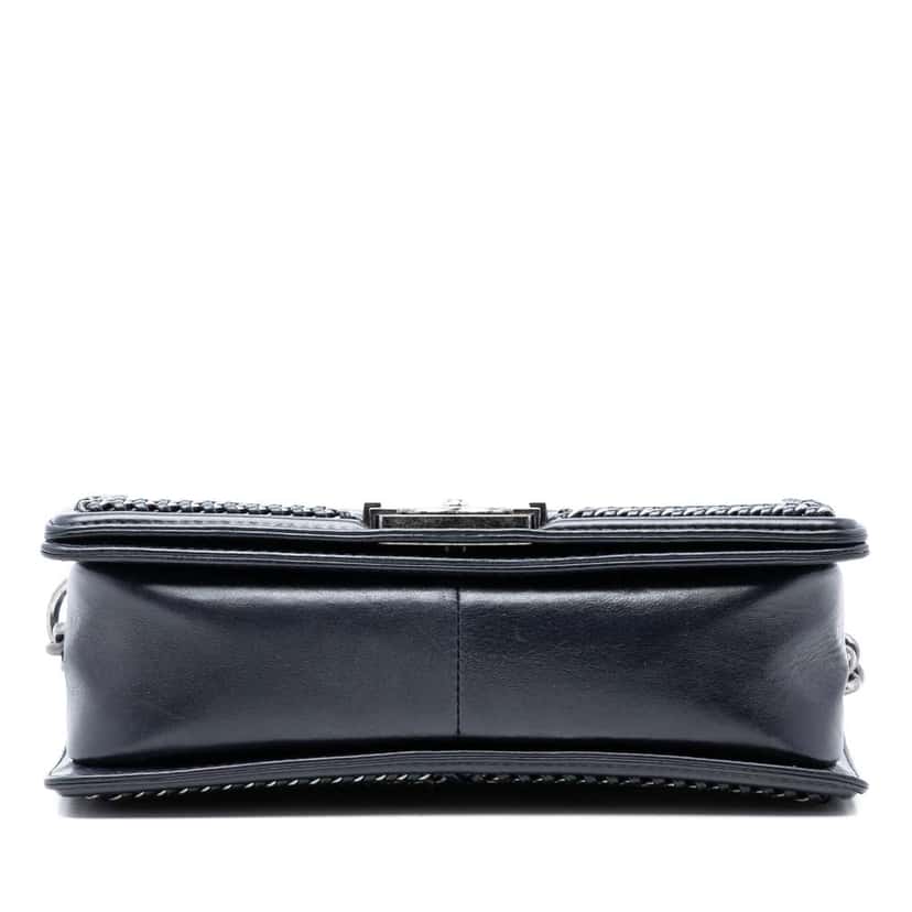 Chanel Old Medium Quilted Calfskin Whipstitch Chain Around Boy Top Handle Flap Blue Leather Very good condition - Inside View