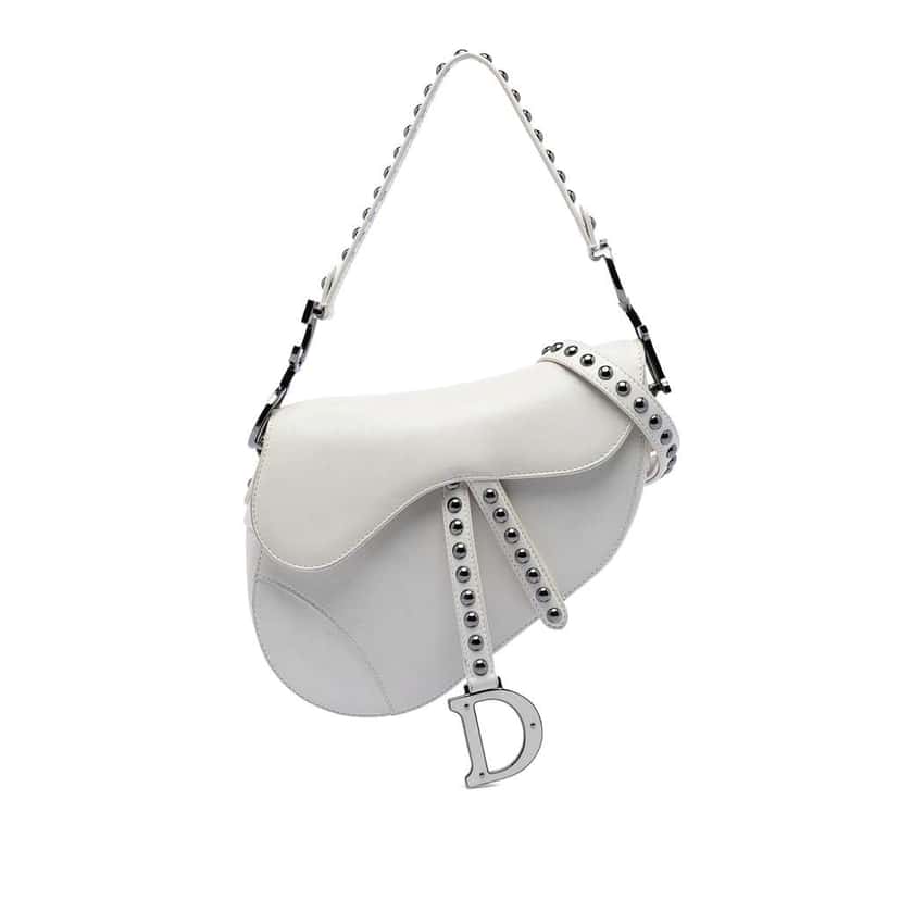 Dior Studded Leather Saddle Bag White Leather Very good condition - Front View