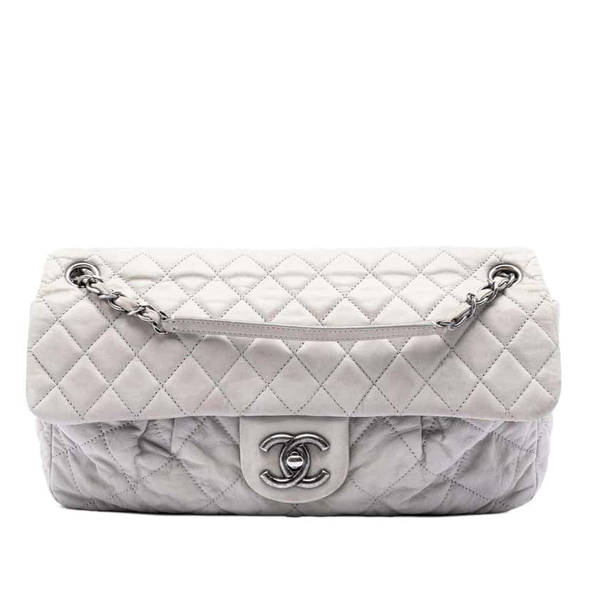 Chanel Large Quilted Iridescent Calfskin Coco Pleats Flap Grey Leather Very good condition - Front View