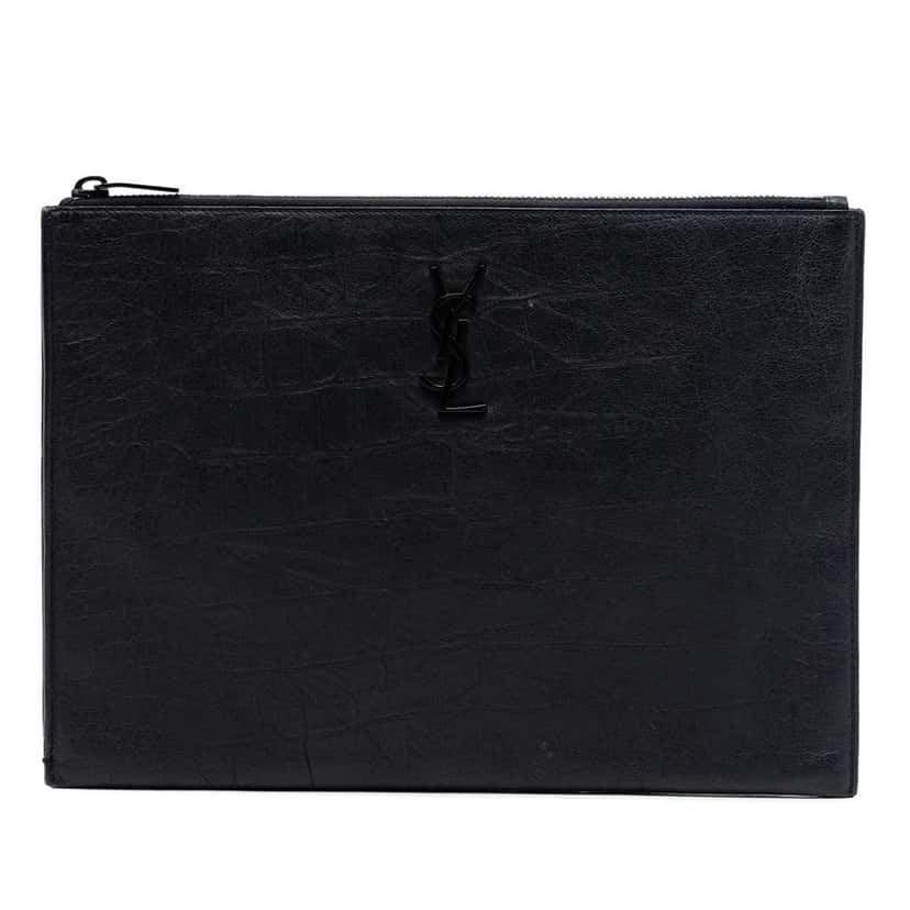 Saint Laurent Croc Embossed Leather Monogram Clutch Black Leather Very good condition - Front View