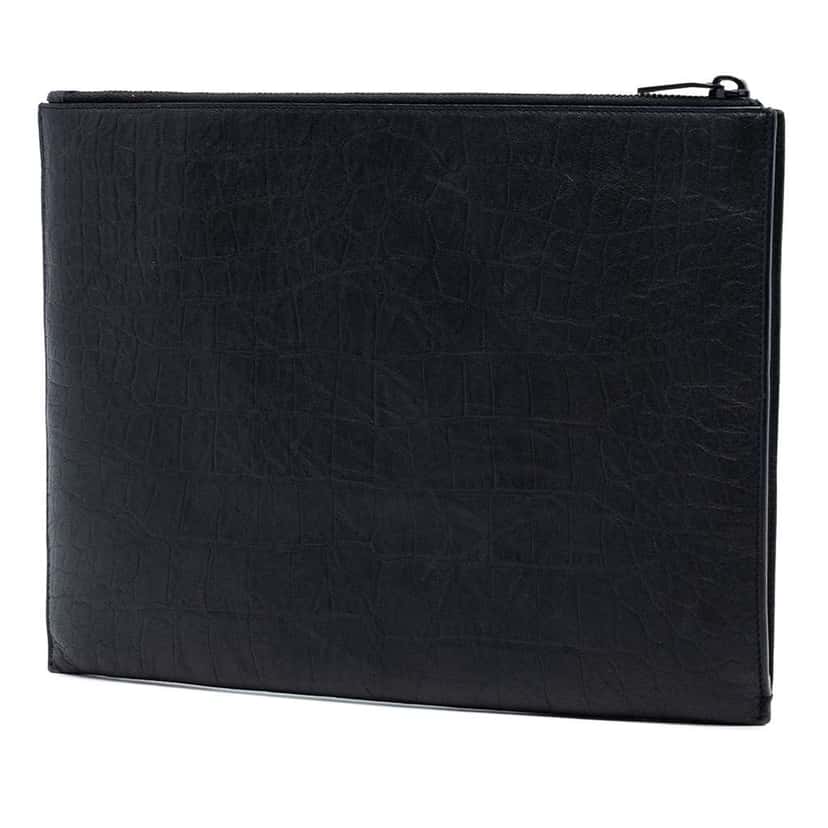 Saint Laurent Croc Embossed Leather Monogram Clutch Black Leather Very good condition - Back View