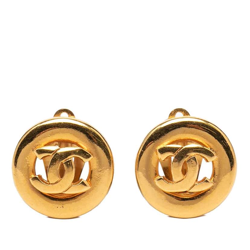 Chanel CC Gold Plated Round Clip On Earrings Gold Metal Very good condition - Front View