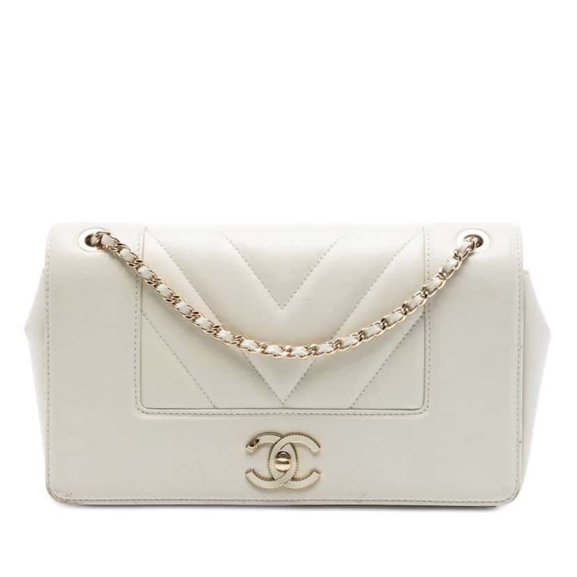 Chanel Medium Chevron Sheepskin Mademoiselle Vintage Flap White Leather Very good condition - Front View