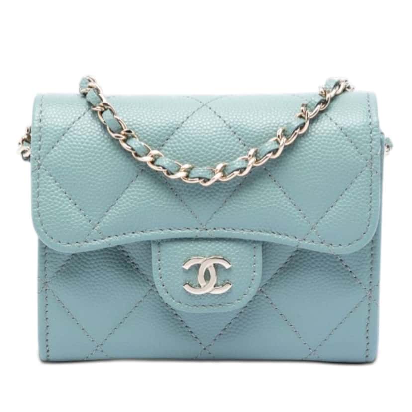 Chanel CC Quilted Caviar Flap Card Holder On Chain Blue Leather Very good condition - Front View