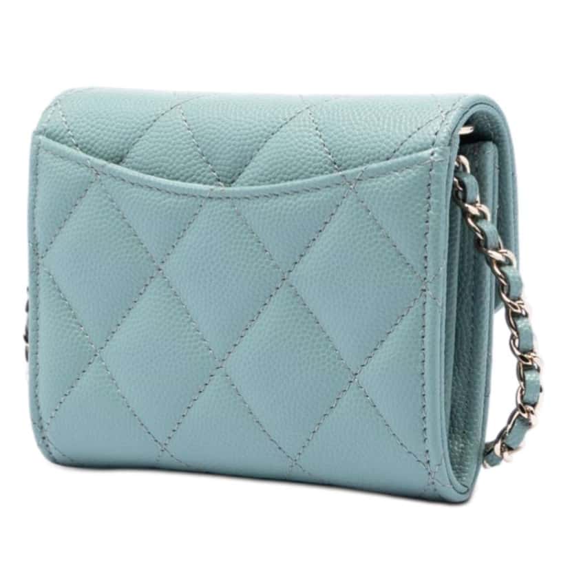 Chanel CC Quilted Caviar Flap Card Holder On Chain Blue Leather Very good condition - Back View