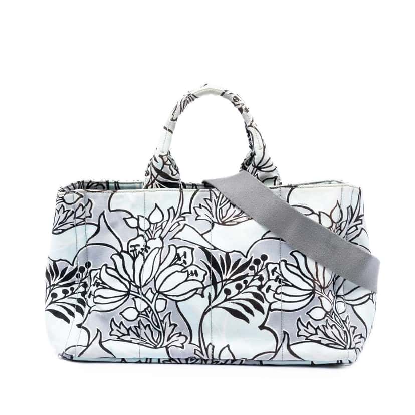 Prada Medium Floral Printed Canvas Canapa Satchel Blue Canvas Very good condition - Front View