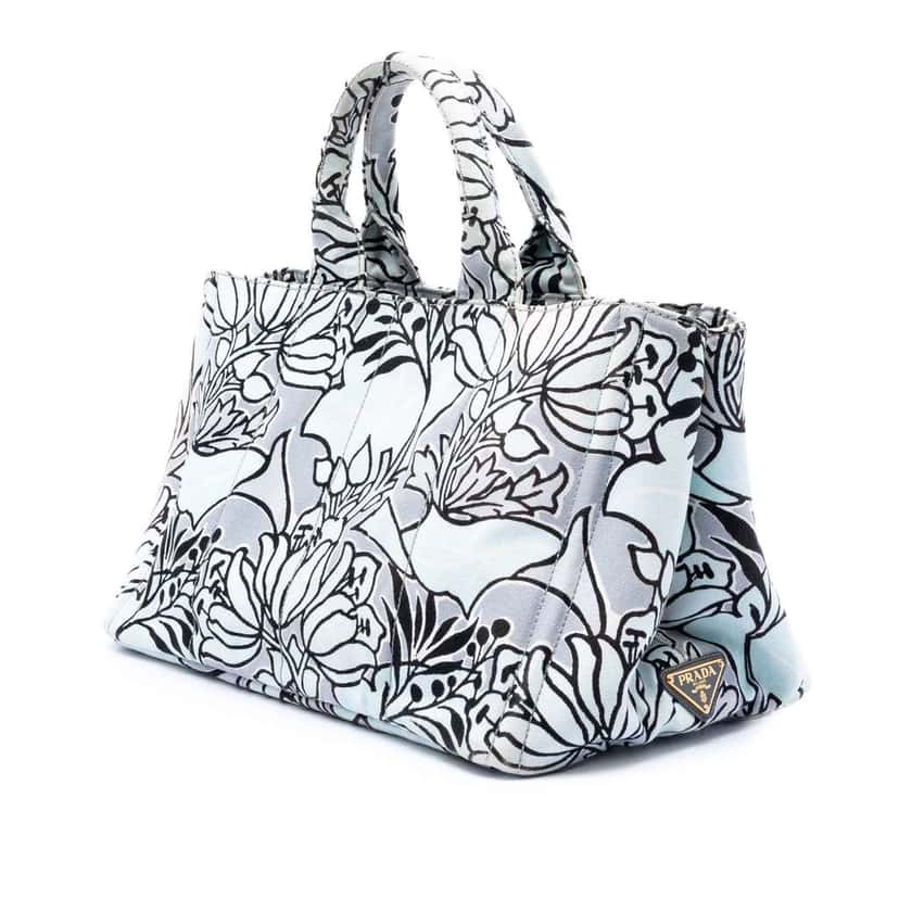 Prada Medium Floral Printed Canvas Canapa Satchel Blue Canvas Very good condition - Back View