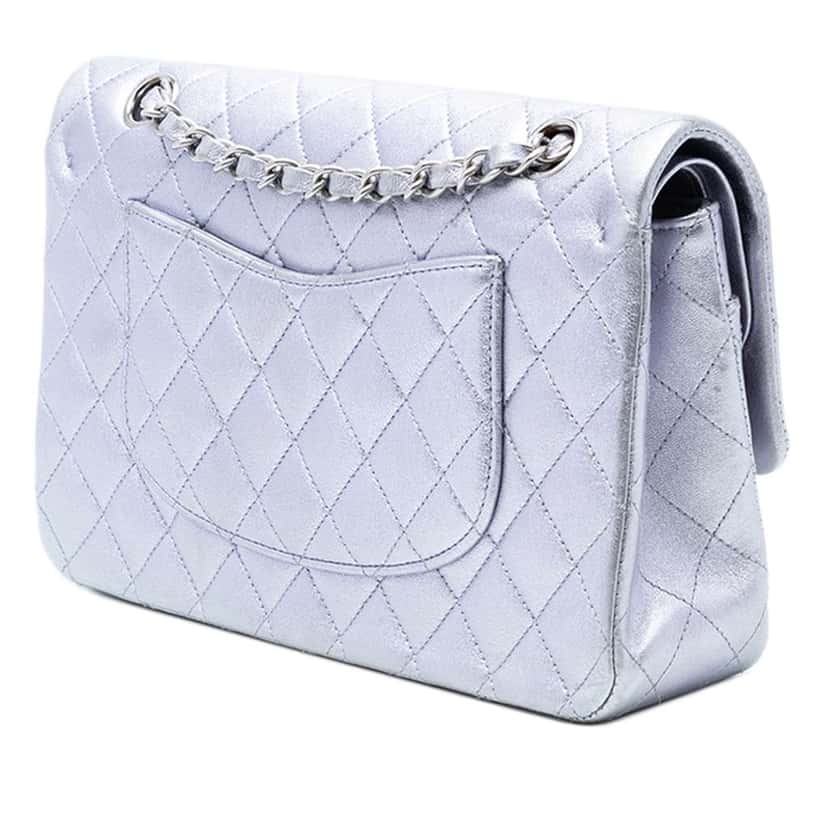 Chanel Medium Classic Metallic Lambskin Double Flap Silver Leather Very good condition - Back View