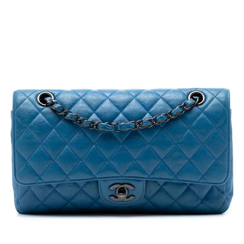 Chanel Medium Classic Calfskin Double Flap Blue Leather Very good condition - Front View